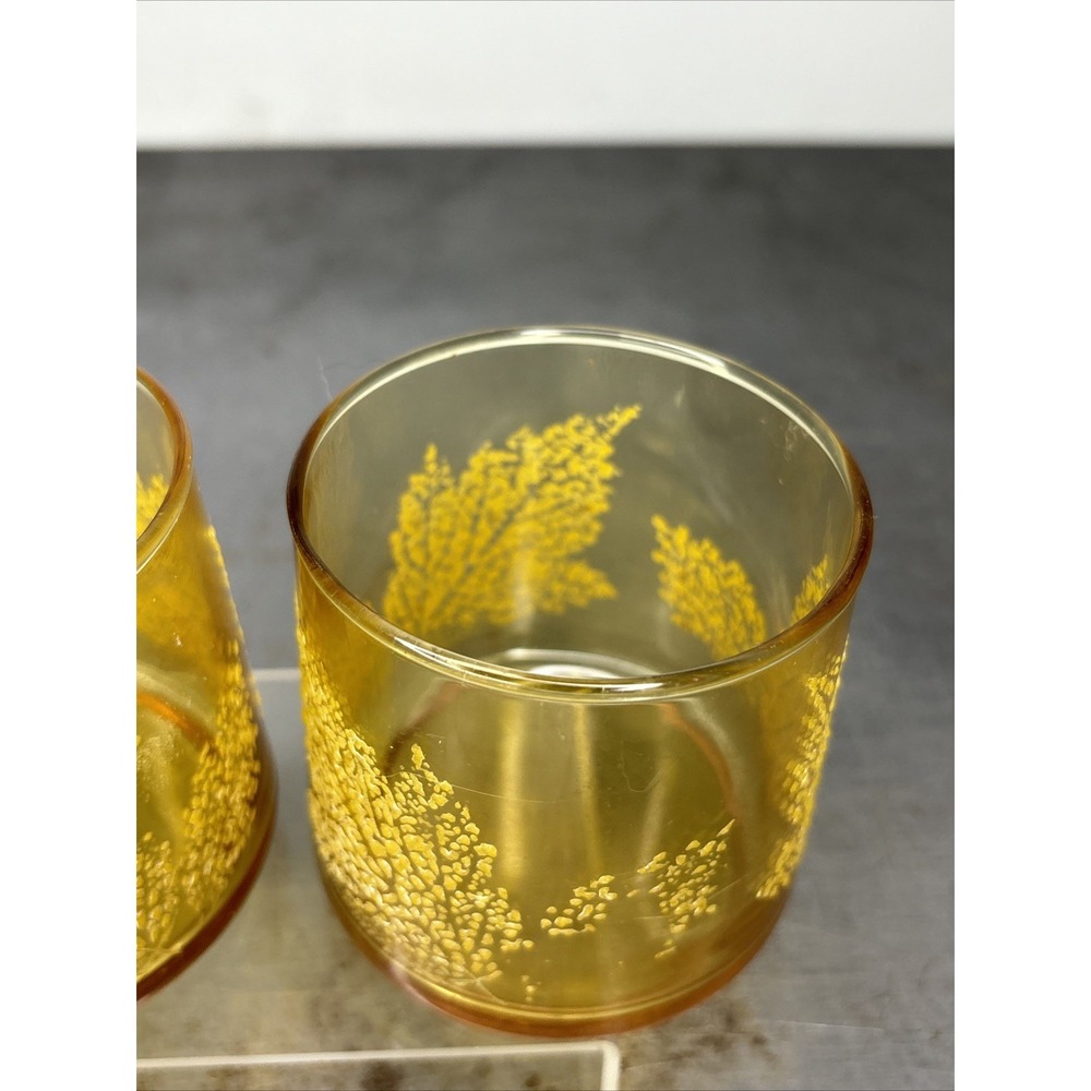 Vintage Amber Glass Leaf Embossed Lowball Juice Glasses MCM Cocktail - Picture 3 of 7